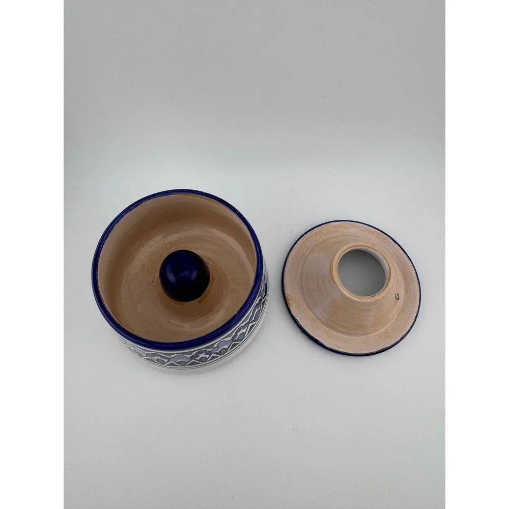 Vintage Moroccan Ceramic Handpainted Ashtray Decorative Blue Green Pattern & Lid